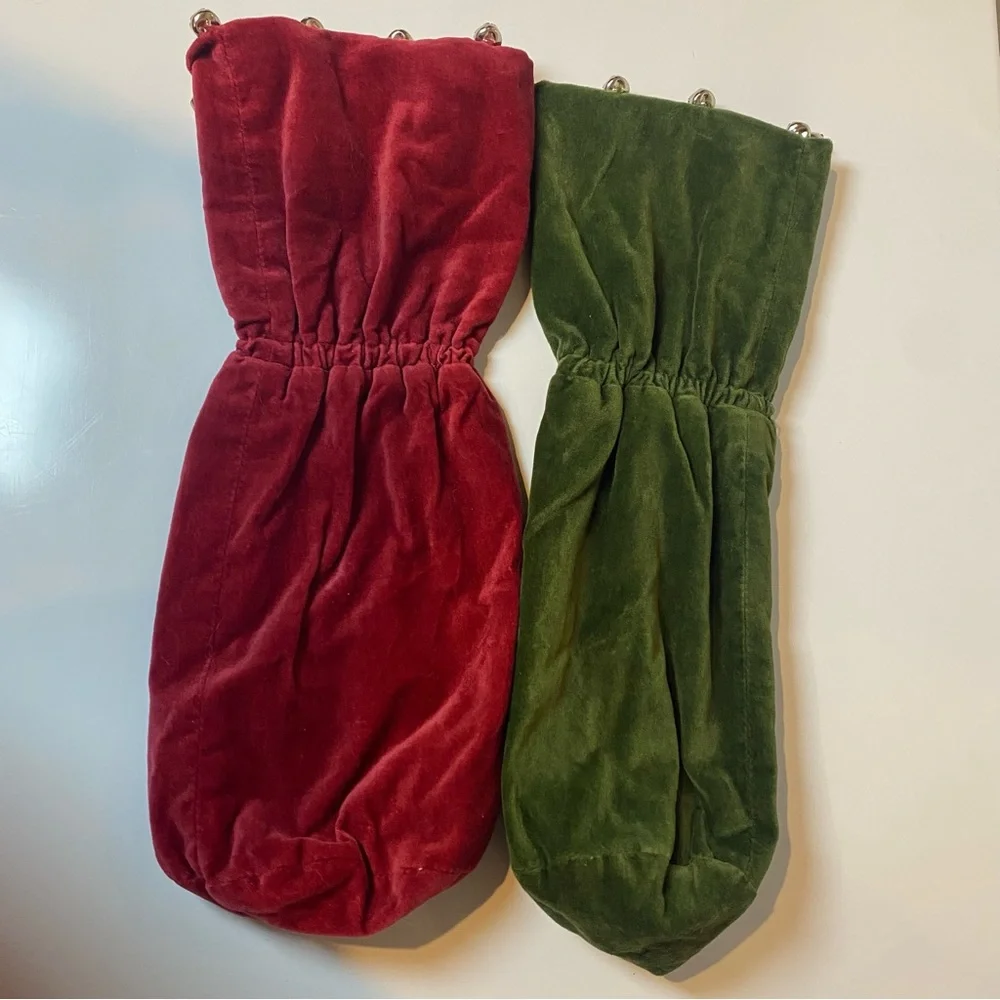 Pottery Barn Christmas Velvet Wine Bags Lot of 2 Red Green Jingle Bells Holiday